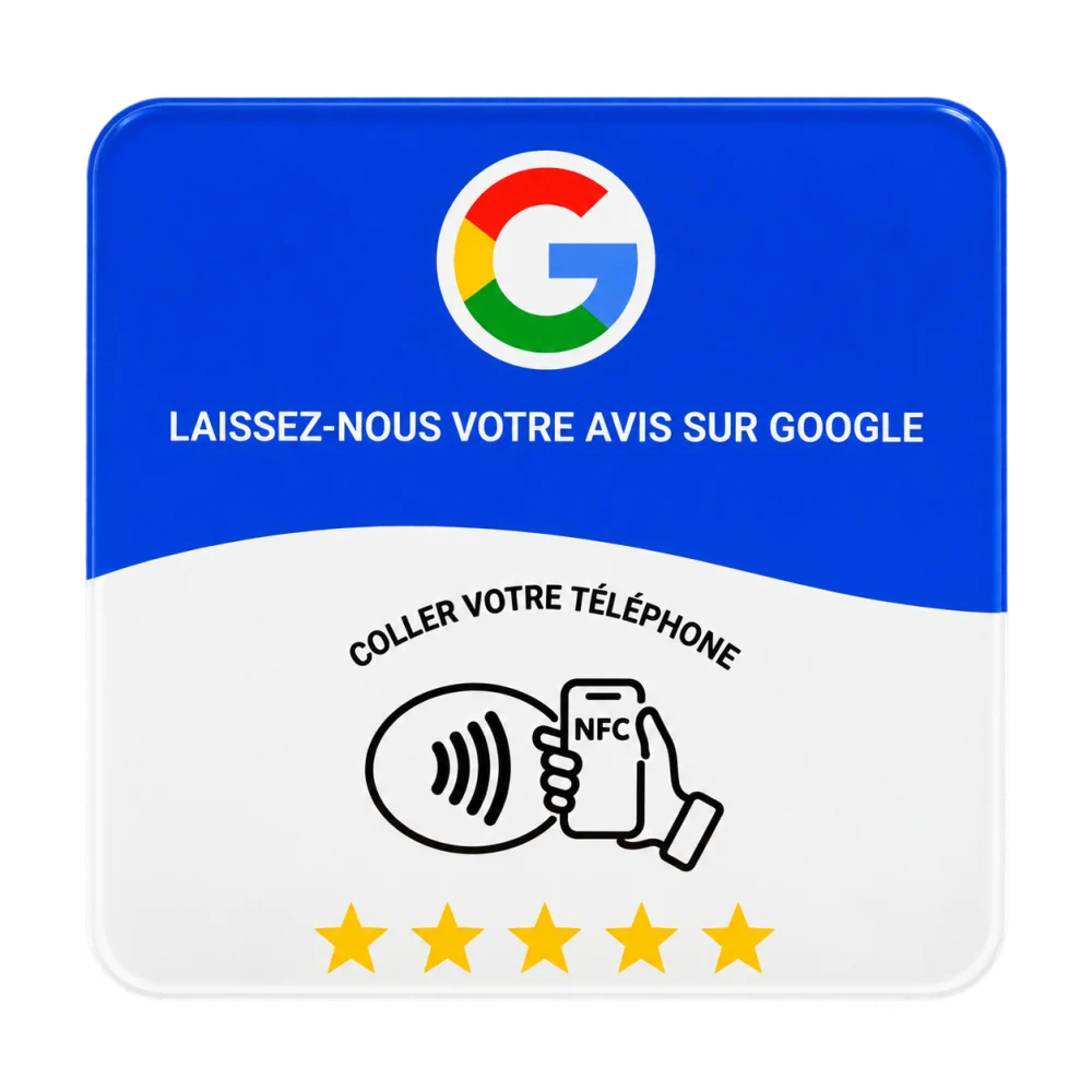 Blue and white NFC Google review card with French instructions and a tap symbol